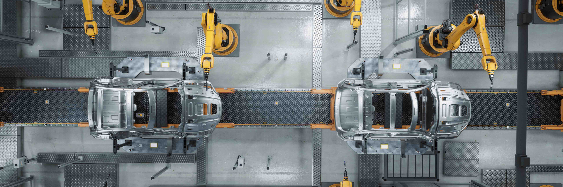 Production line of cars from a bird's eye view