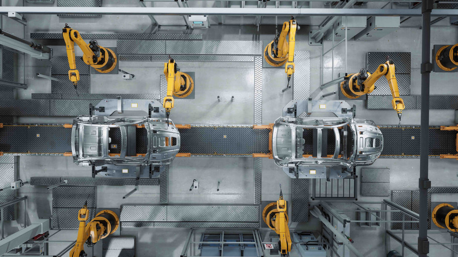 Production line of cars from a bird's eye view