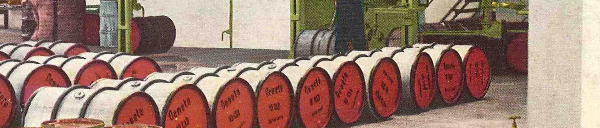 Old picture of red oil barrels