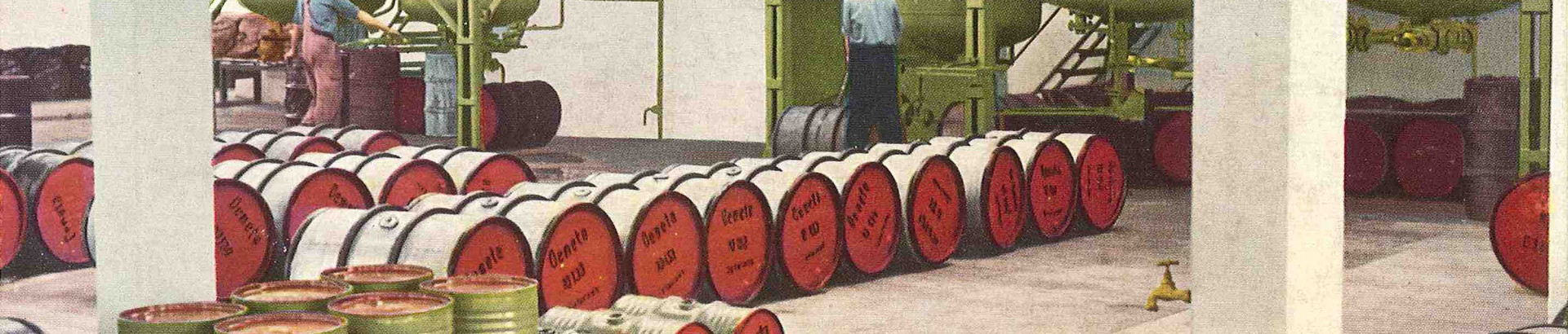 Old picture of red oil barrels