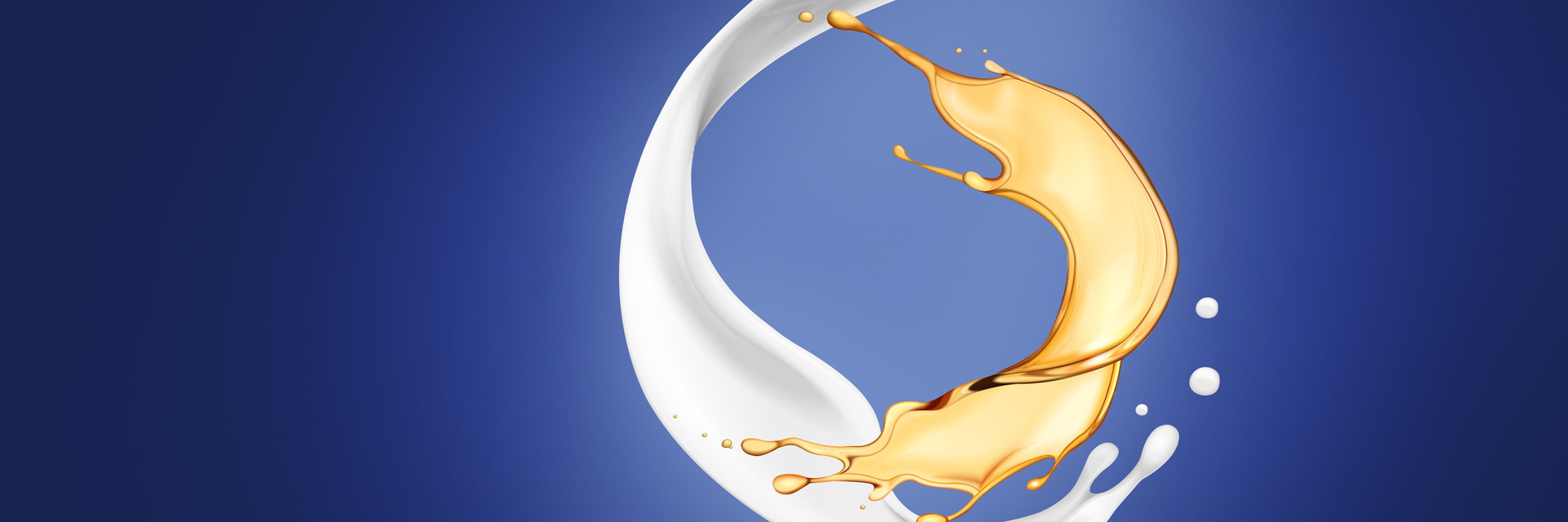 White cooling lubricant and gold-colored oil against a blue background
